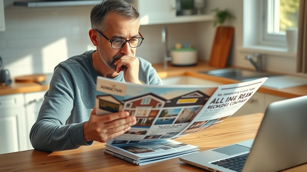 Homeowner in Eugene Oregon comparing bathroom renovation company brochures and estimates for a remodel