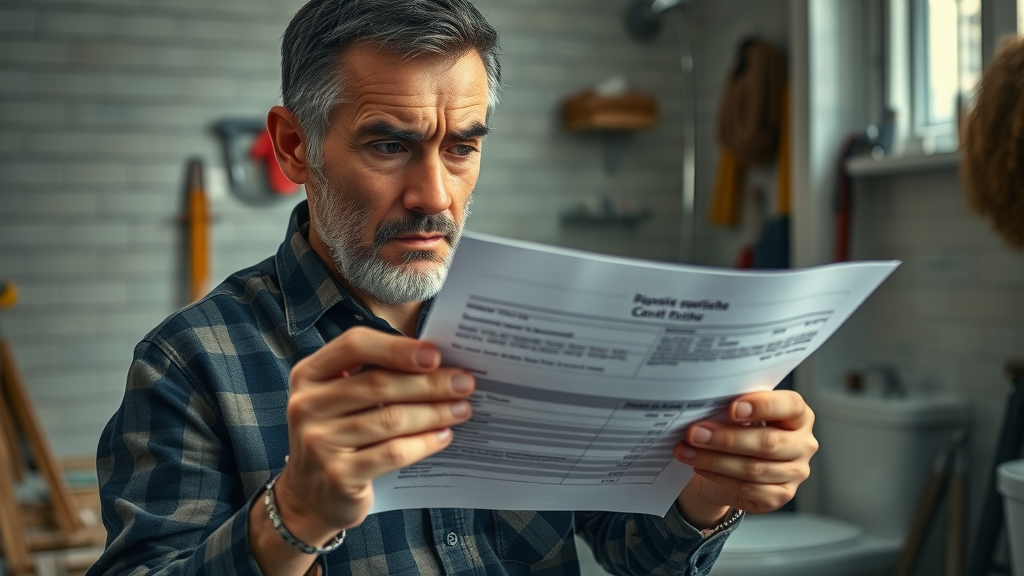 stressed homeowner reviewing unexpected bathroom remodeling bill, incomplete renovation, bathroom renovation contractors Eugene Oregon, pricing mistake, tools scattered, Lane County