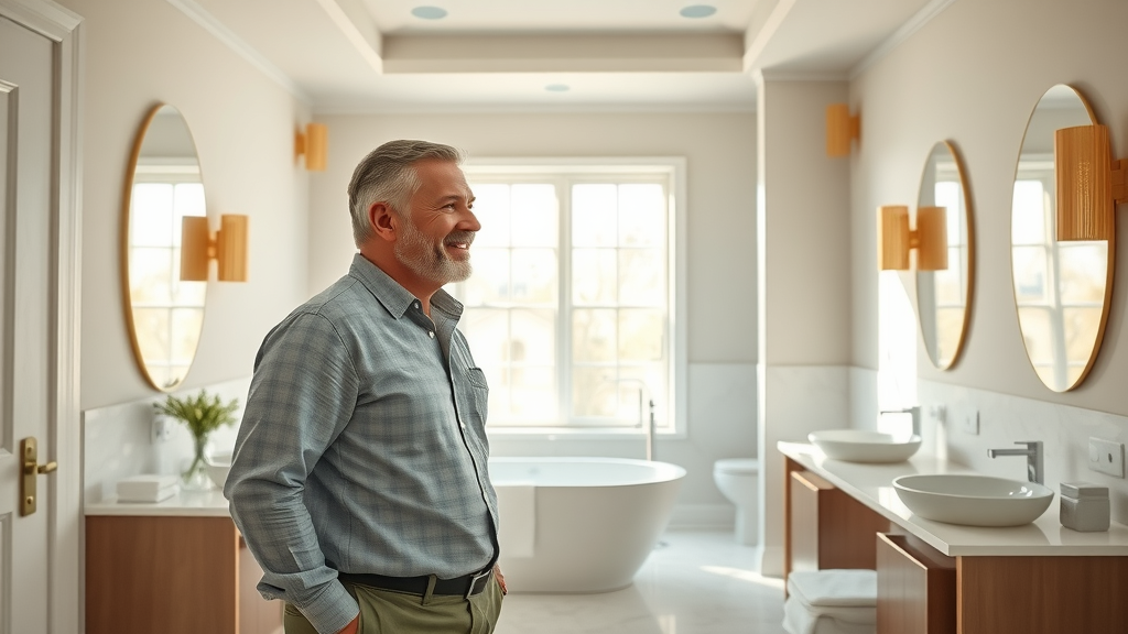 modern elegant bathroom by bath remodeling contractors eugene oregon, satisfied homeowner admiring finished renovation, bright airy master bathroom with stylish fixtures, sunlight pouring through large window