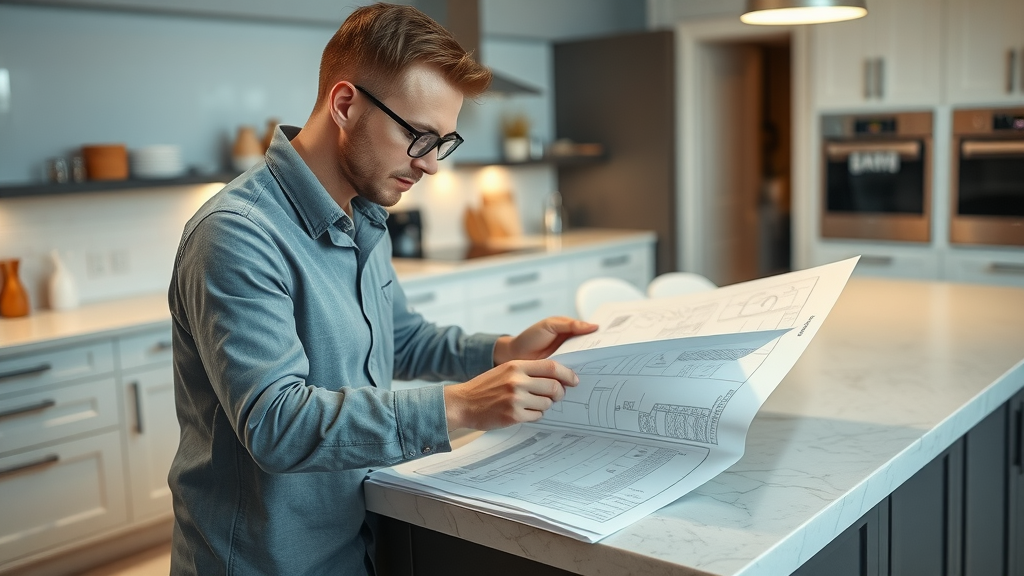 Remodel Kitchen Eugene Oregon: Professional kitchen designer reviewing blueprints on a modern kitchen island during a remodeling project in Eugene Oregon