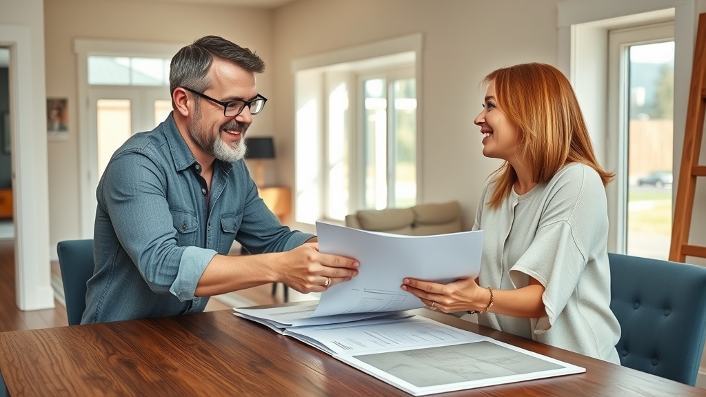 Friendly contractor consultation, cheerful homeowners reviewing plans, paperwork, and tile samples in a bright Oregon home. Choosing a remodeling company Eugene.