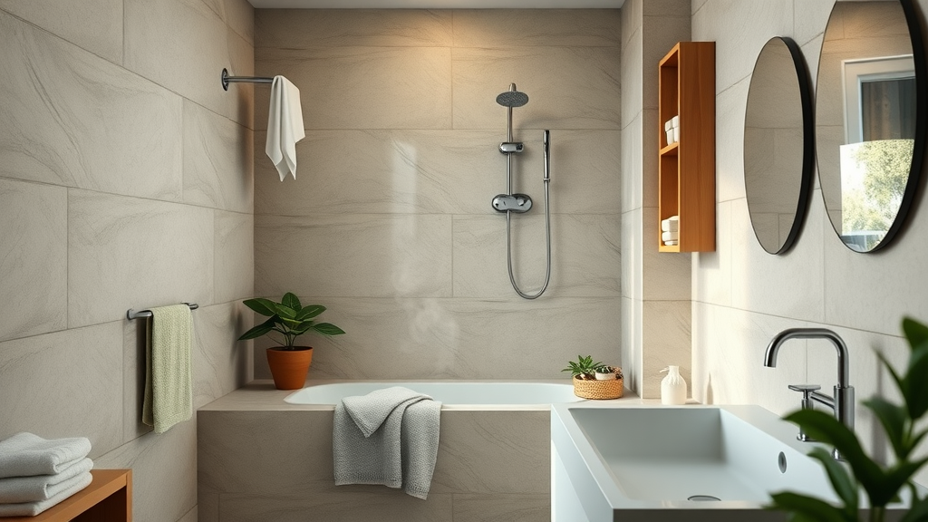 Inviting modern bathroom with serene atmosphere and spa-inspired setting, featuring local homeowner, bathroom renovations Eugene Oregon, high-end fixtures, natural stone and green accents, soft morning light