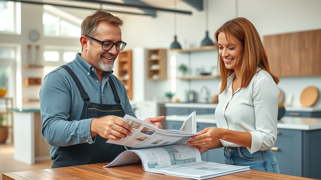 Local Eugene contractor consulting material samples with homeowners in a modern showroom, expert kitchen remodel Eugene Oregon.