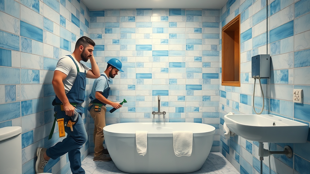 Bathroom renovation in progress in Eugene, Oregon, contractors installing modern tub and tiling, active remodel, highly detailed tools, under-construction space