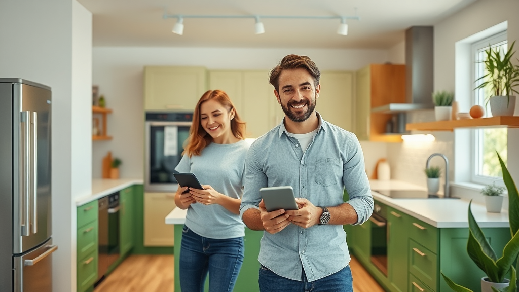 Remodel Kitchen Eugene Oregon: Trendy eco-friendly kitchen in Eugene Oregon with young couple installing smart appliances and sustainable bamboo flooring