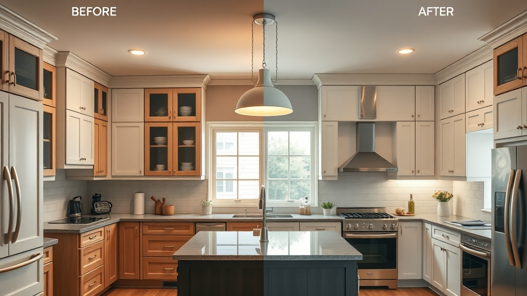 Split-view of kitchen remodel Eugene Oregon before and after—dramatic transformation with new cabinets, lighting, and appliances.