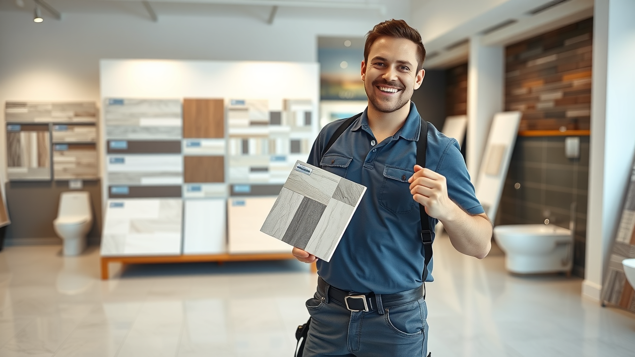 A professional tile installer in a showroom smiling at the camera while demonstrating bathroom floor tile options, showcasing styles and finishes for a bathroom tile remodel Eugene Oregon homeowners can trust.