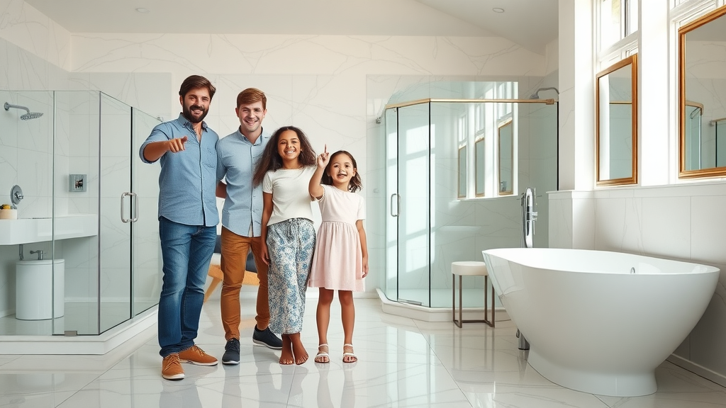 Happy Eugene Oregon family admiring a contemporary bathroom remodel by leading renovation company