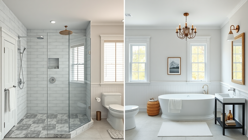 side by side visualization of shower remodel vs complete bath remodel with modern fixtures in Eugene Oregon bathroom