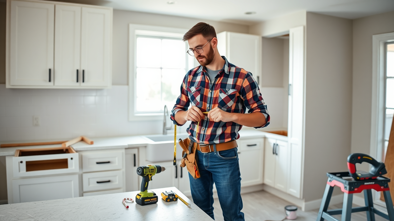 Kitchen remodel in Eugene, Oregon showing a professional tradesman installing cabinets and measuring for countertops in a modern kitchen renovation project.