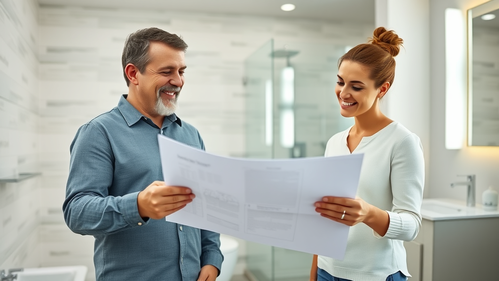 modern residential bathroom interior bright and inviting, homeowner and contractor reviewing renovation blueprints, bathroom renovation contractors eugene oregon, teamwork, new fixtures, Lane County remodeling company, dynamic planning scene