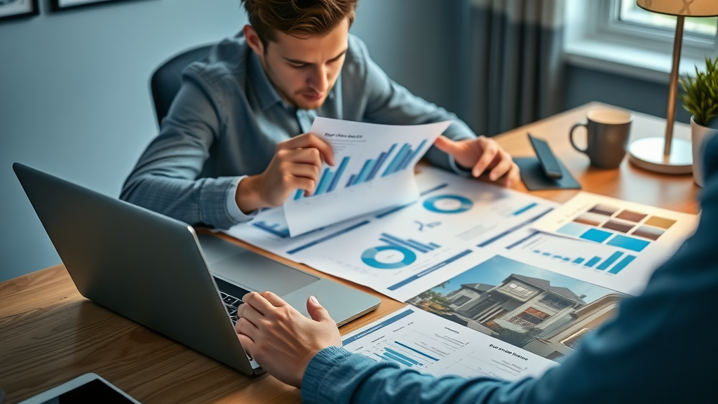 Insightful market trends analysis. Designer reviewing remodel statistics and Eugene home remodel photos; laptop with graphs, samples on table. Restroom remodel Eugene Oregon market.