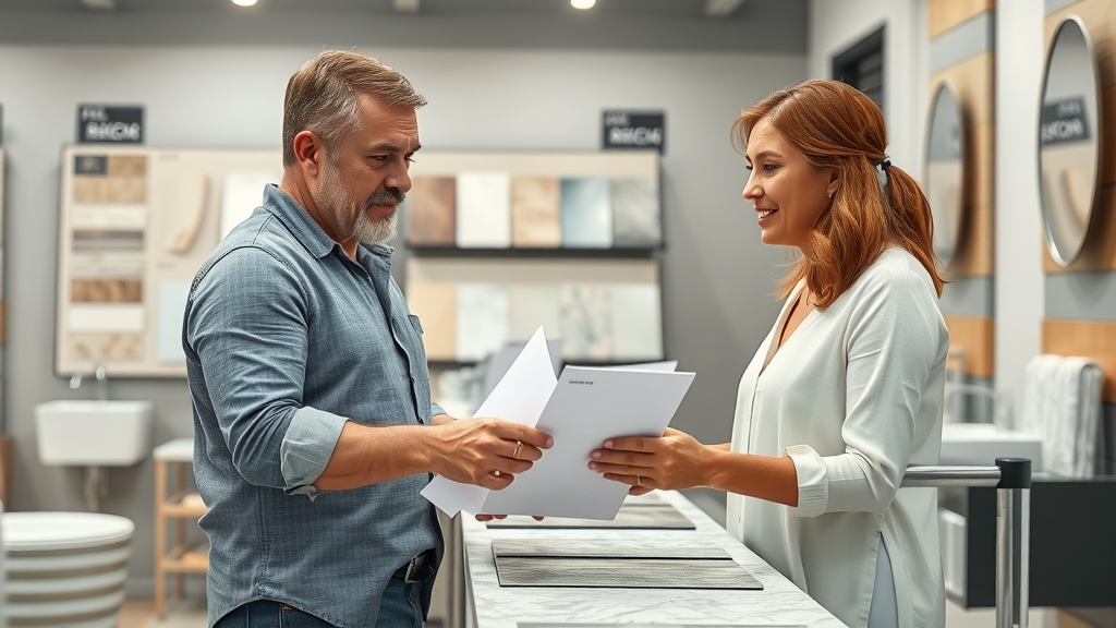 bathroom materials and finishes selection for bath remodeling contractors eugene oregon, designer and homeowner comparing tile samples and fixtures in showroom