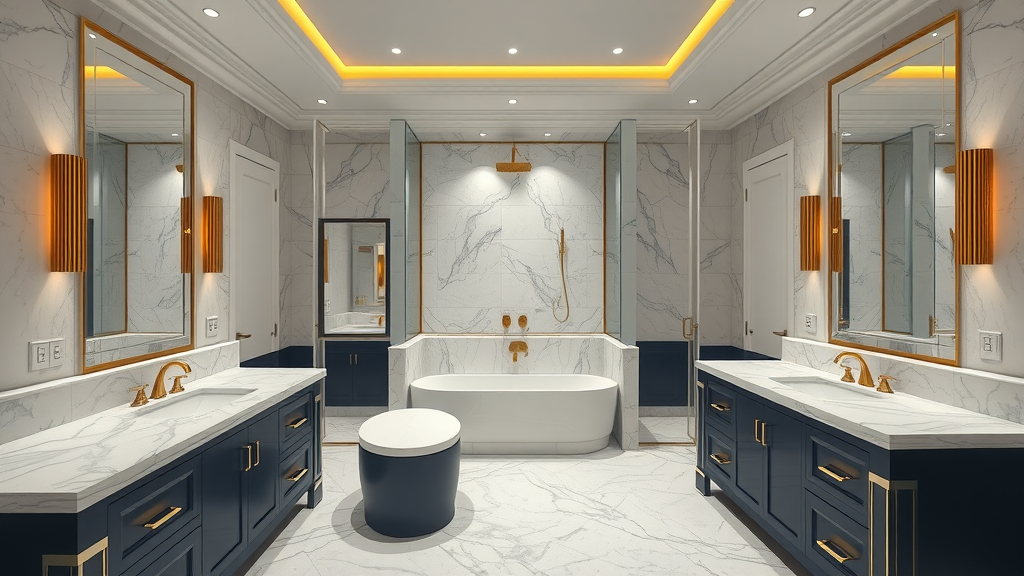 Completed luxury bathroom renovation in Eugene by local contractor, marble finishes, glass shower enclosure, stylish design