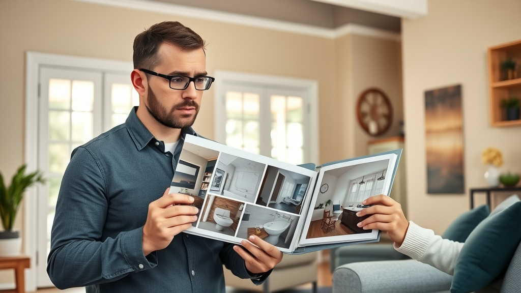 remodeling contractor presenting before and after bathroom remodel photos to a homeowner in a Eugene Oregon living room