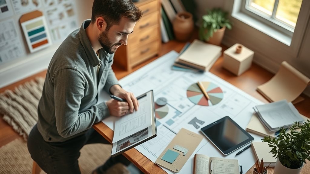 Organized renovation planning with professional handling material samples, blueprints, and notes in a cozy Eugene workspace with earthy browns and daylight.