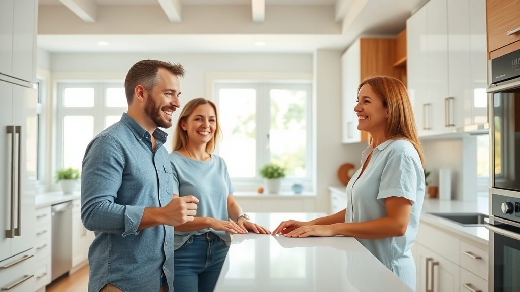 bright, vibrant modern kitchen with happy homeowners exploring new features during their kitchen remodel Eugene Oregon. Spacious open-plan setting with sleek finishes, crisp focus, balanced whites and wood tones.