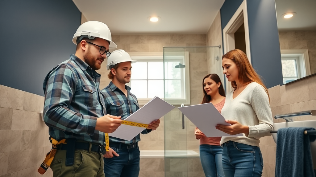 team of contractors and homeowner inspecting finished Eugene Oregon bathroom remodel