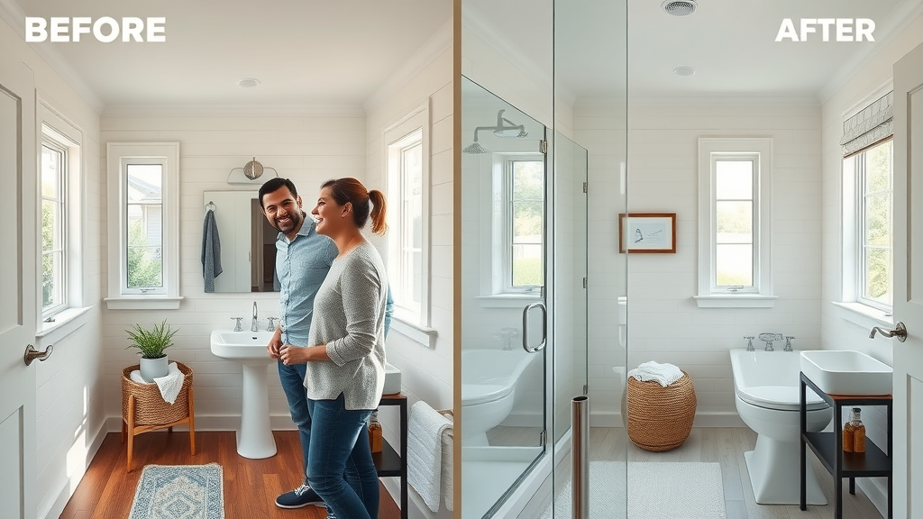 Dramatic before and after split-view of Eugene bathroom; clear transformation, modern design, satisfied couple admiring finished restroom remodel.