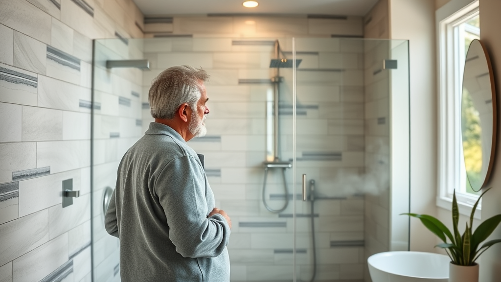 Elegant modern bathroom with contemporary tile and glass shower, confident homeowner admiring the remodeled space in a spacious Oregon home, morning sunlight streaming in, gentle steam rising. Restroom remodel Eugene Oregon.