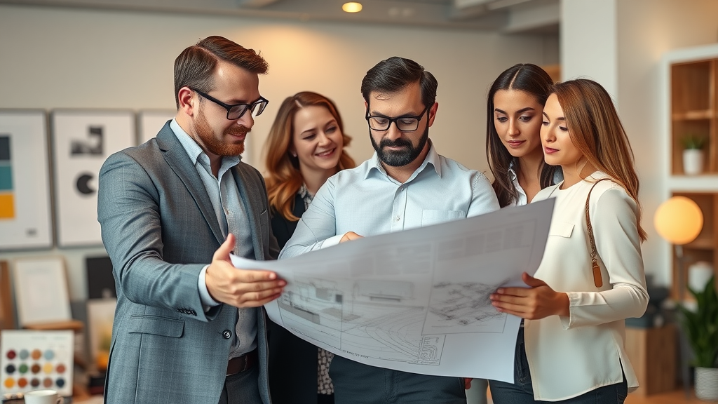 Professional remodeling company team in Eugene Oregon, consulting with clients using blueprints and samples, planning a bathroom renovations project, lane county, collaboration