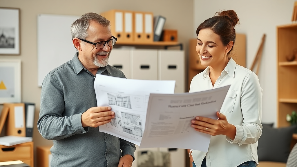 organized home office, homeowner reviewing bathroom remodeling contracts with contractor, happy collaboration, Lane County bathroom renovation, documented agreements, planning, budgeting