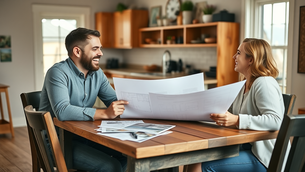 Eugene homeowners reviewing kitchen blueprints at dining table—planning kitchen renovation Eugene Oregon