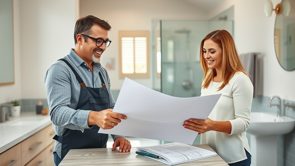professional contractor discussing bathroom remodel plans with a couple in a modern Eugene Oregon bathroom, renovation consultation