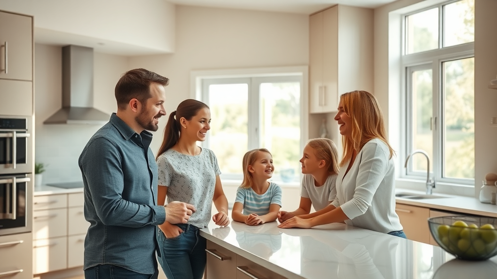 Remodel Kitchen Eugene Oregon: Inviting modern kitchen with a smiling family enjoying their dream kitchen in Eugene Oregon, featuring elegant cabinets and quartz countertops