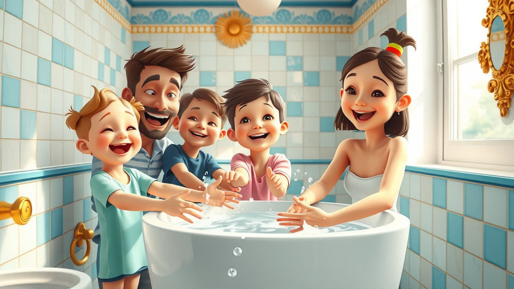 Family happy with their newly remodeled bathroom tile Eugene Oregon, sparkling tiles, joyful atmosphere, children playing in bathroom