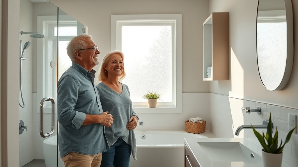 happy Eugene Oregon homeowners enjoying newly remodeled bathroom with sunlight and modern features