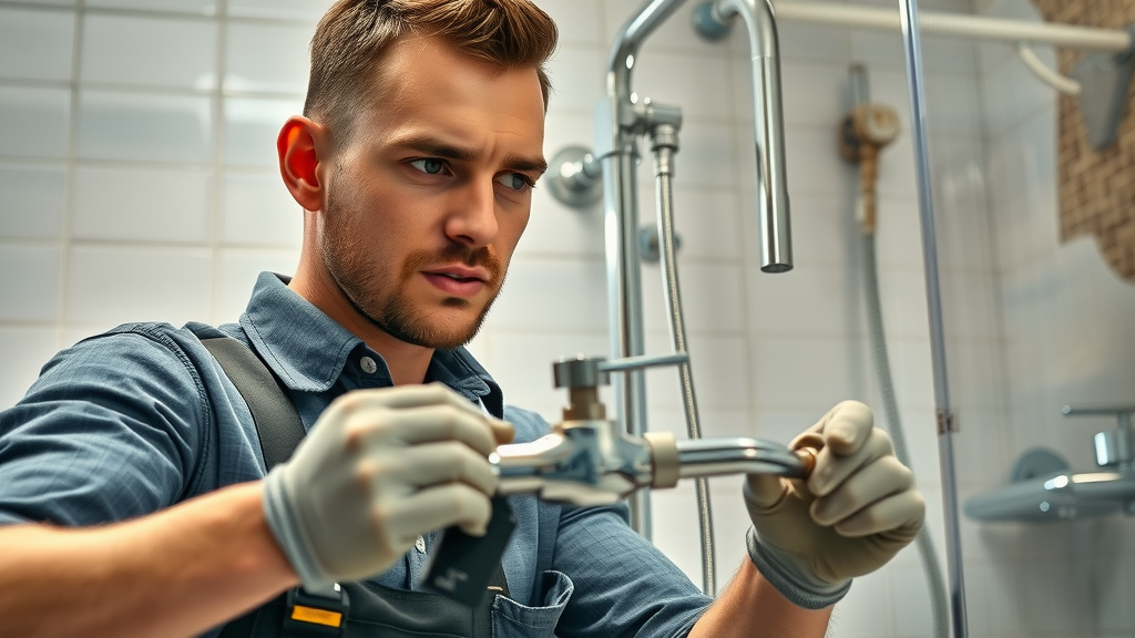professional plumber installing modern fixtures for bathroom remodel, expert bathroom renovation contractors Eugene Oregon, partially tiled shower, exposed plumbing, Lane County, remodeling project