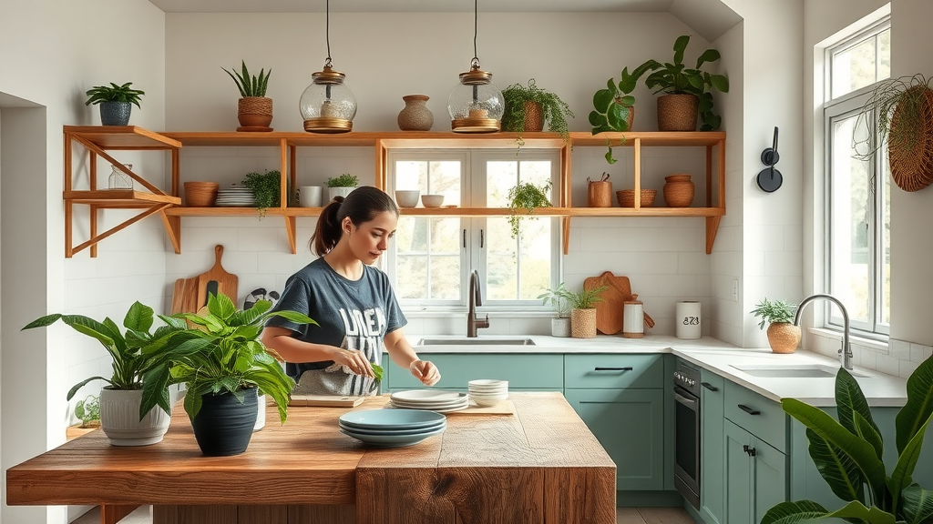 Eugene-style kitchen remodel showcasing open shelving, reclaimed wood island, lush plants and sustainable materials, modern green trends.