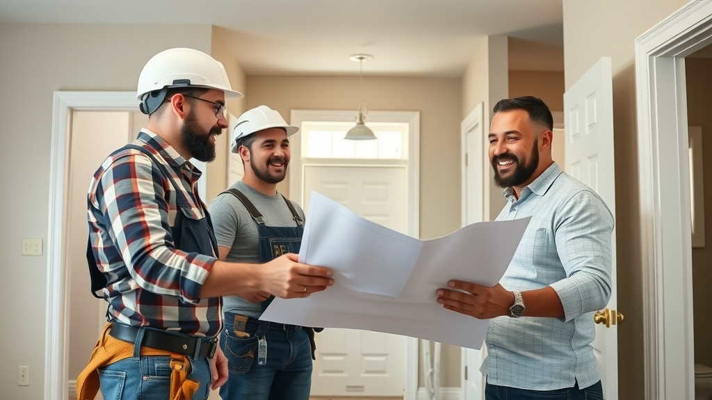 skilled contractor team from top bath remodeling contractors eugene oregon, friendly professionals discussing blueprints at jobsite, partially completed bathroom remodel
