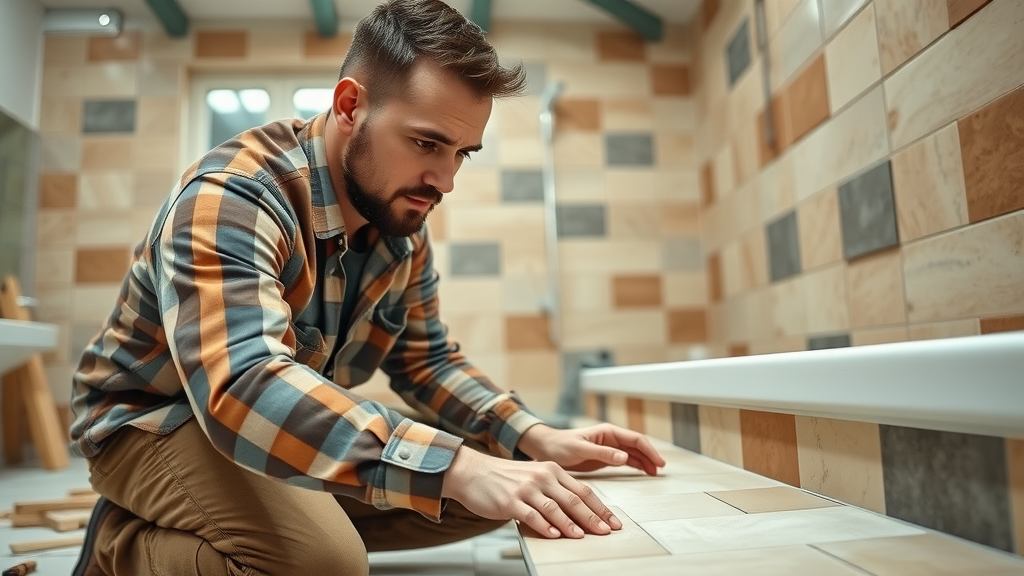 Contractor installing bathroom tiles in Eugene Oregon, under-construction bathroom, high-fidelity details showing tile work and tools