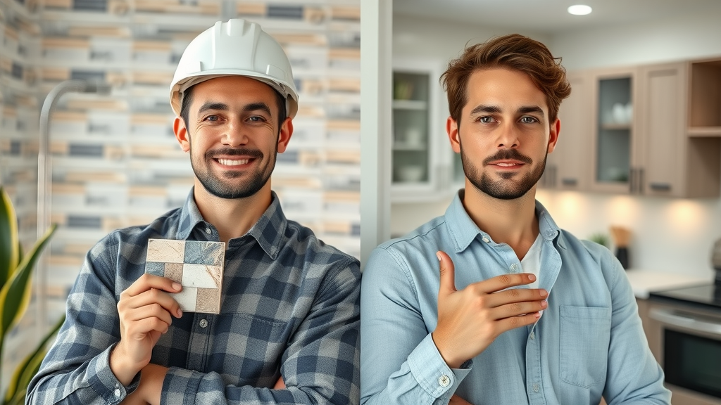 side-by-side comparison, bathroom renovation contractor with tile sample and kitchen remodeling contractor with cabinets, Lane County, Eugene Oregon, kitchen and bath remodel options
