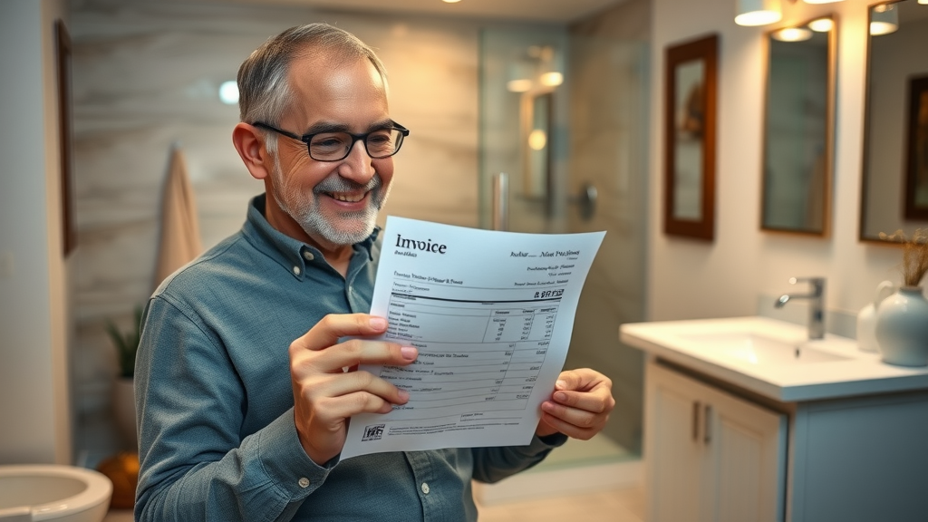 Eugene Oregon homeowner reviewing costs for newly installed tile floor and bathroom remodel, featuring elegant lighting and stylish space