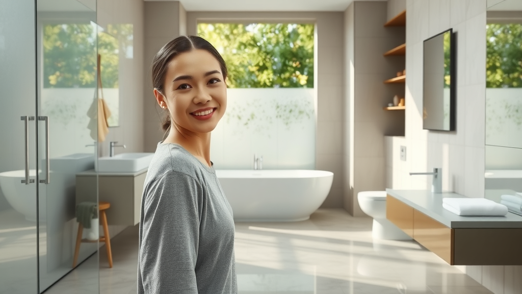 Spacious modern bathroom tile remodel Eugene Oregon with ceramic tile floor, serene atmosphere, natural greenery through frosted glass, soft morning light, fresh towels