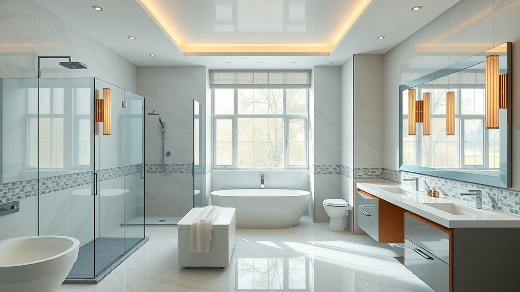 Contemporary luxury bathroom remodel in Eugene Oregon, modern fixtures and elegant lighting, custom cabinetry and spacious glass shower, polished finishes and natural accents